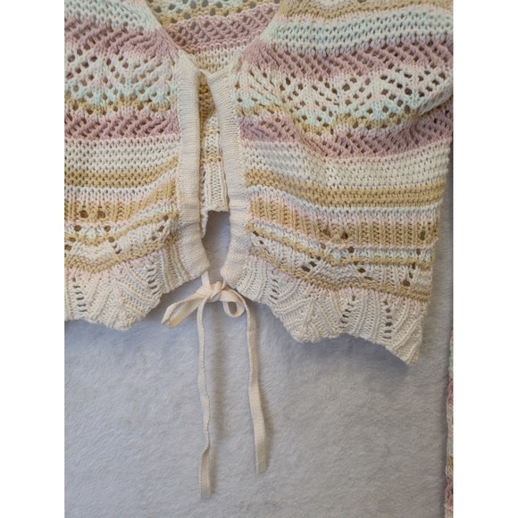 Aeropostale Womens Small Cropped Tie Front Cardigan Striped Pointelle Knit Pink - Picture 4 of 9